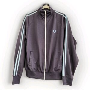 Y2K Fred Perry Men's Track Jacket with Light Blue Stripes